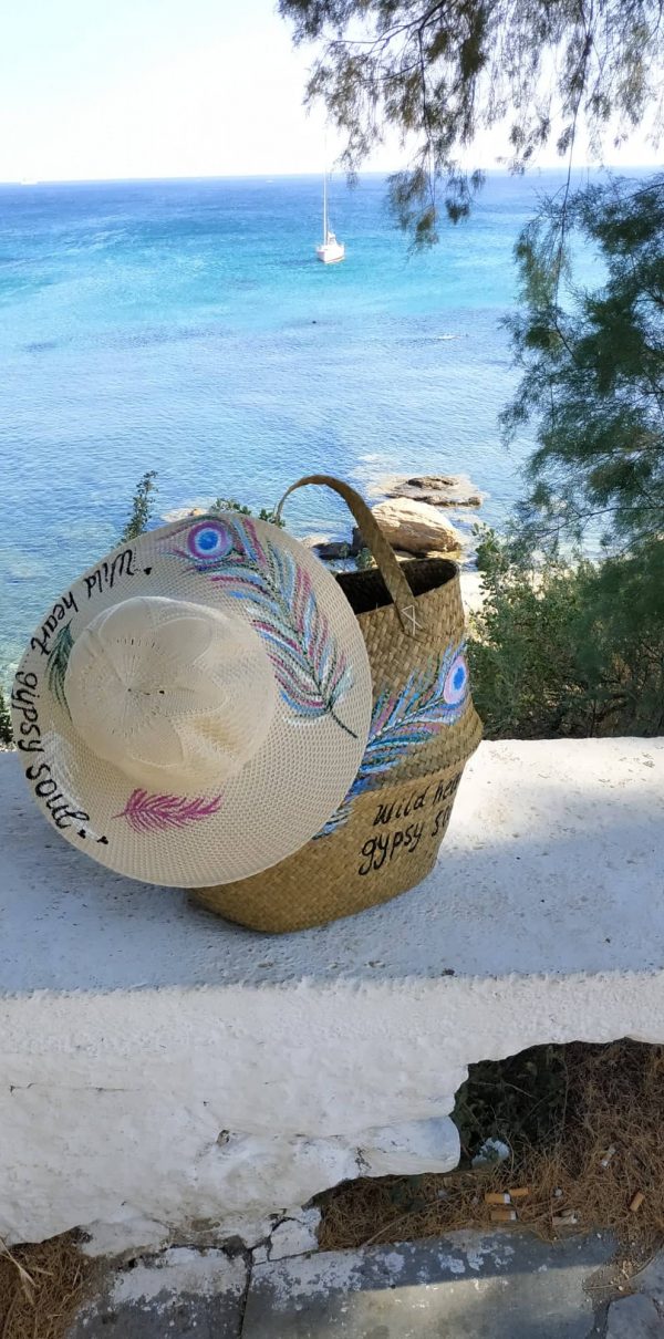 Ψάθινη τσάντα θαλάσσης ζωγραφισμενη ,Φτερό - Image 3